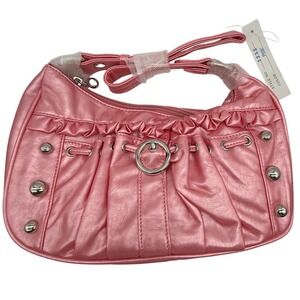 Pink Y2K style Ruched Faux Leather Barbiecore Shoulder Bag‎ Silver Studs Handbag